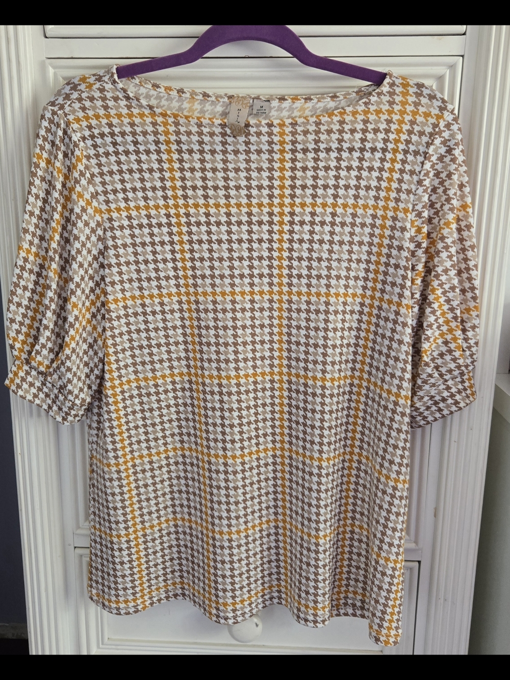 Misia Brown Houndstooth Plaid Top Size M